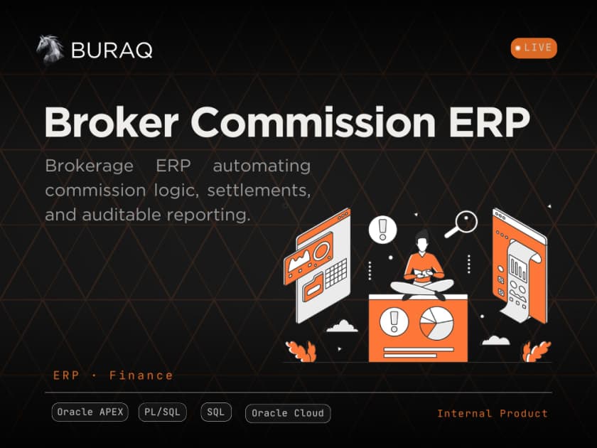 Broker Commission ERP on Oracle APEX with automated commission engine, transaction management, and financial reporting dashboards